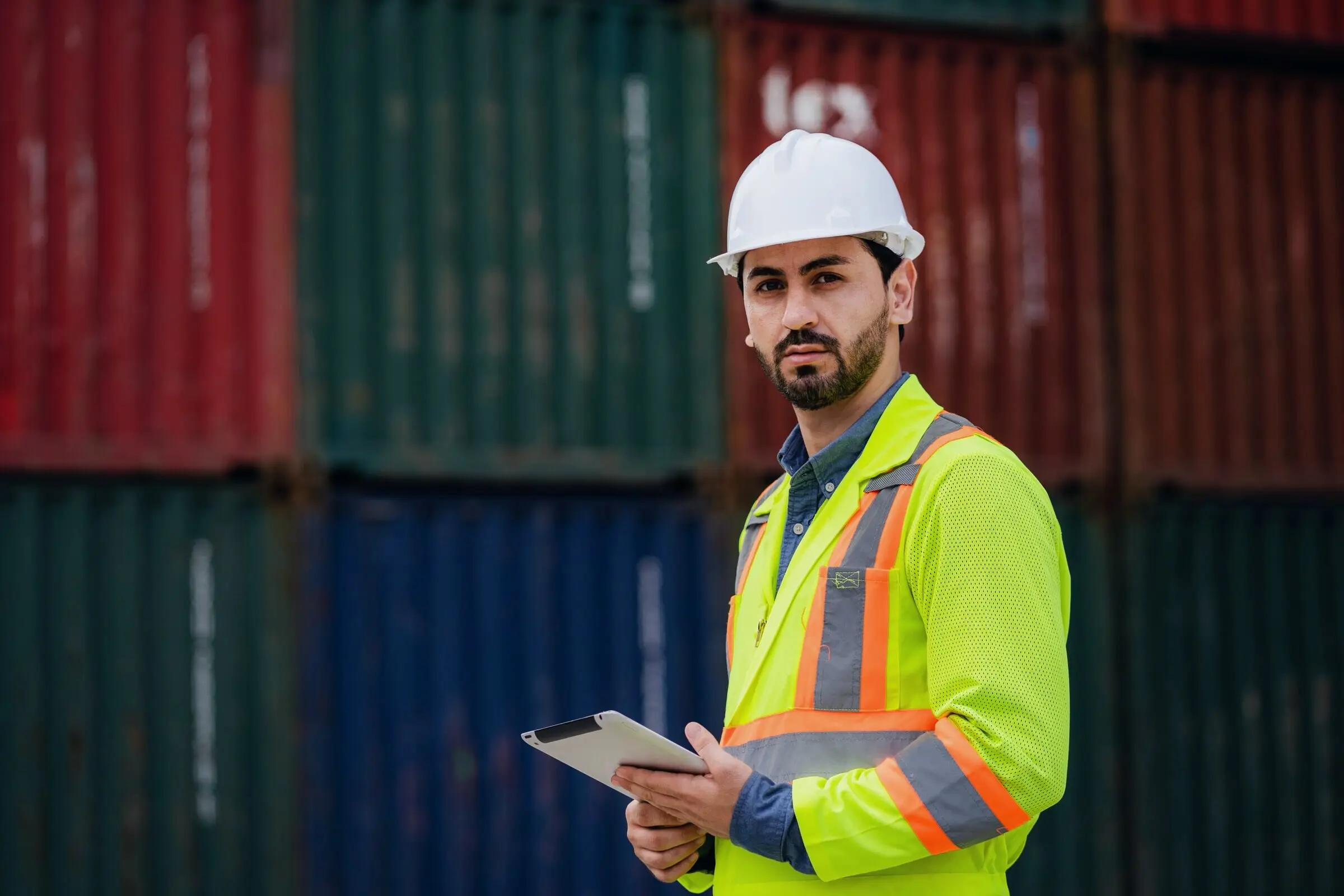 اپراتور با تبلت در محوطه کانتینری